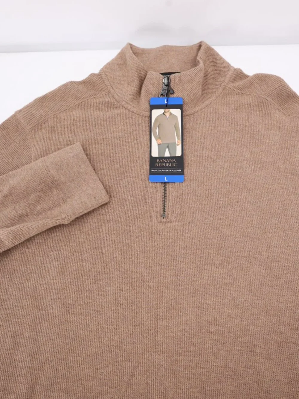 NWT Banana Republic Sweater Men’s Large Waffle Knit Quarter Zip Pullover Tan